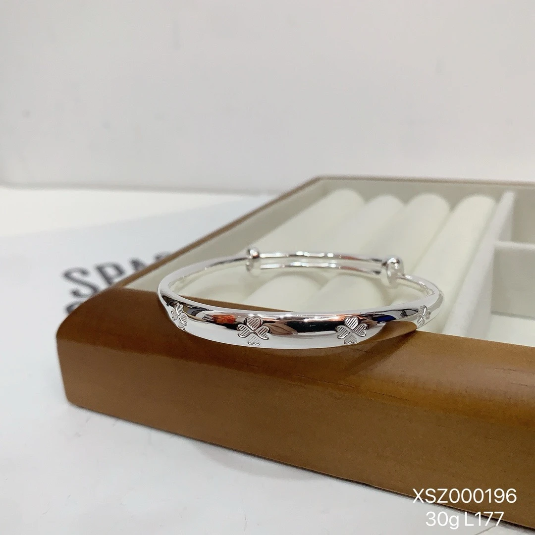 足银手镯 足银手镯时尚亮面实心四叶草足银999.9经典女款推拉 镯