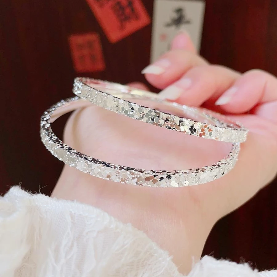 足银手镯 9999银实心单圈雪花碎碎冰冰纯银单圈新款新年礼物足银】