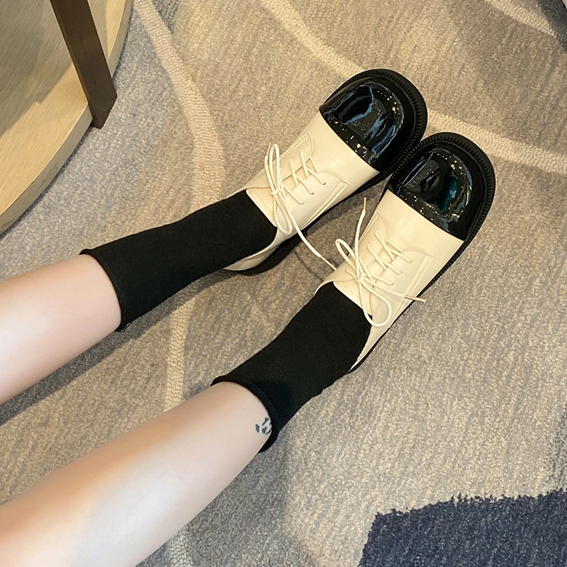 【小沐】系带乐福鞋女2023春秋新款拼色系厚底法式百搭圆头小皮鞋