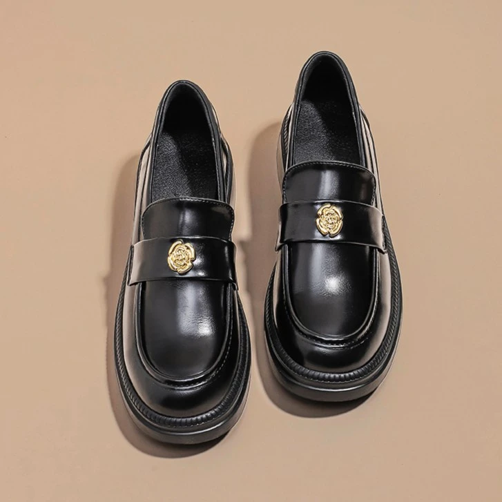 【木沐】山茶花百搭厚底乐福鞋女2023新款圆头一脚蹬粗跟小皮鞋单鞋