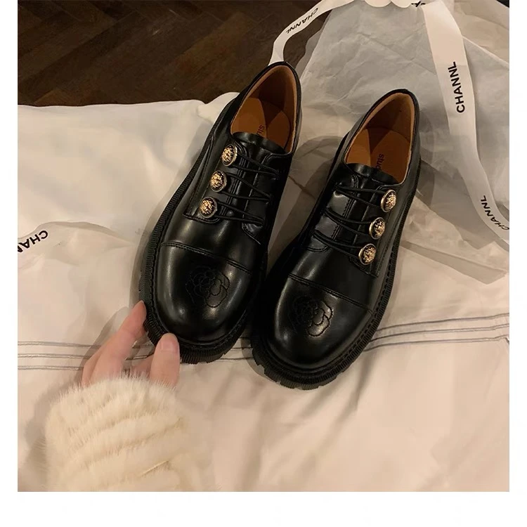 【小沐】复古英伦风粗跟乐福鞋女2023秋冬新款厚底黑色JK小皮鞋女鞋