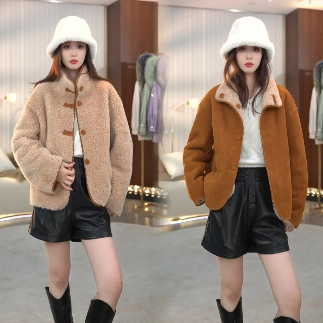 【焦糖玛奇朵】新款冬季反绒面双面穿立领女士羊毛外套