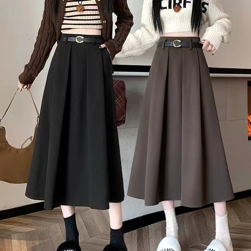 送腰带半身裙秋冬女A字冬裙中长百褶裙新款赫本风高级感毛呢长裙