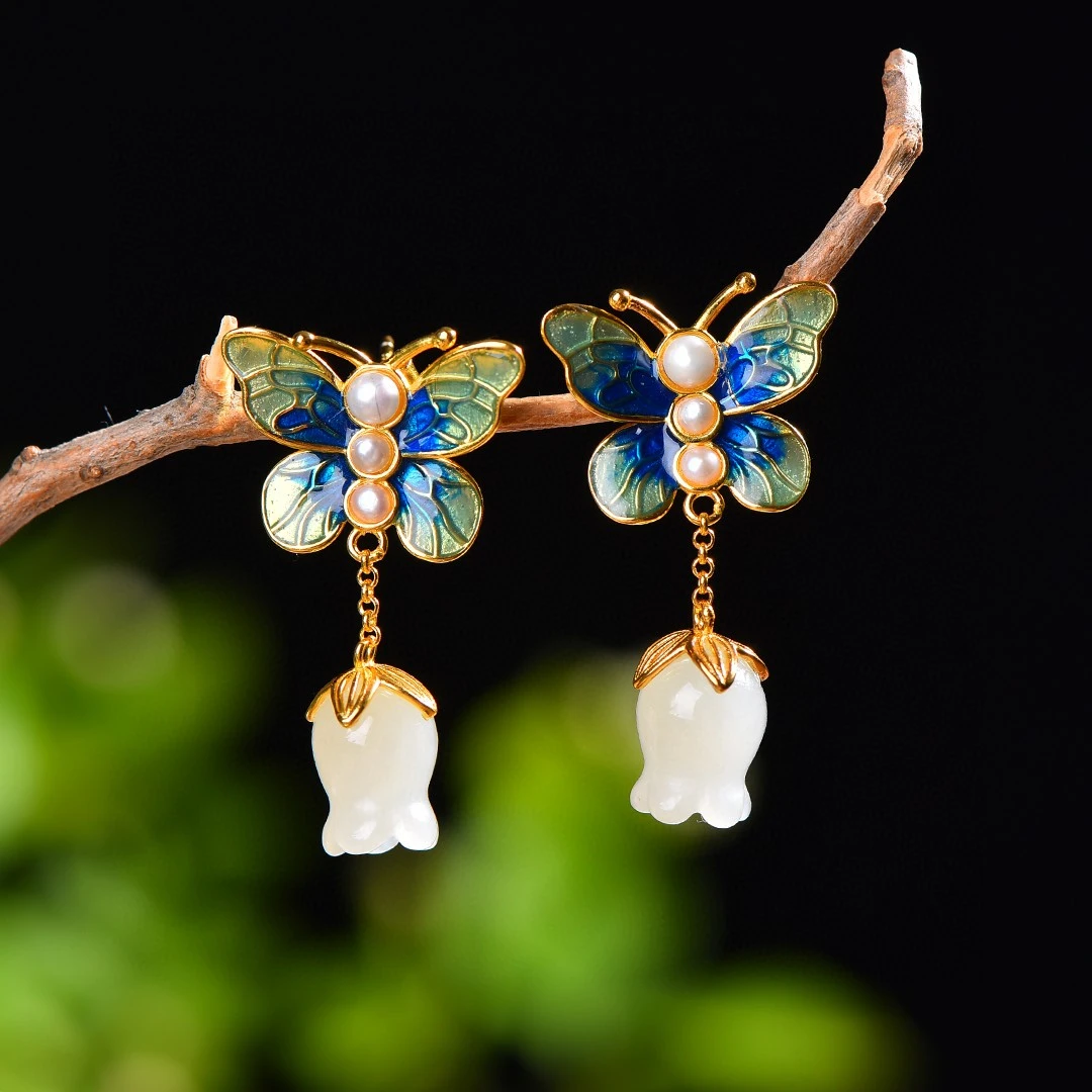 承韵珠宝 景泰蓝蝴蝶和田玉铃兰花耳环耳钉耳坠国潮风
