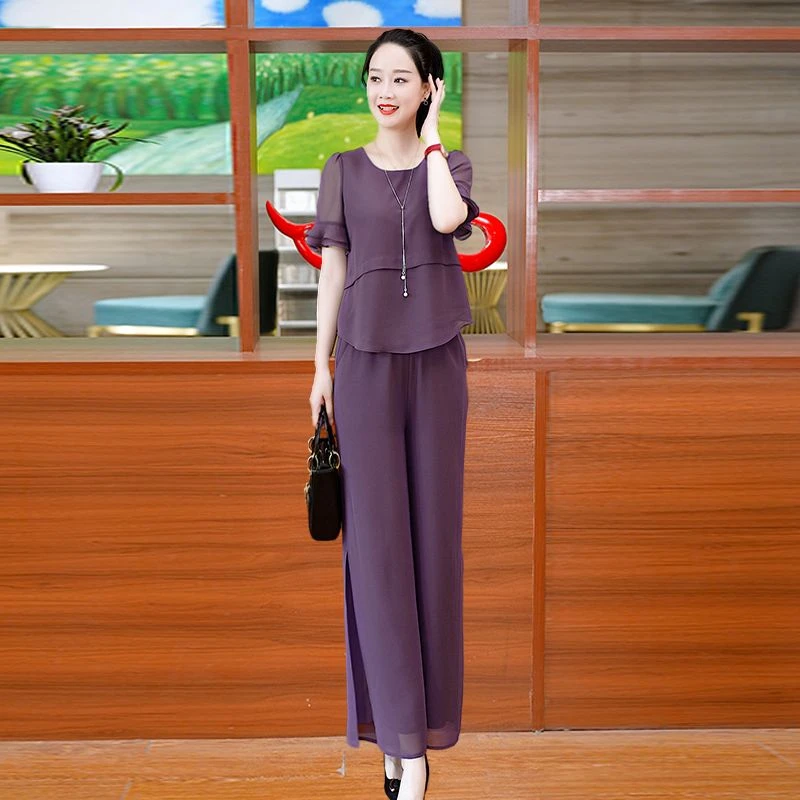 品牌紫色流行时尚套装女装夏季2024新款减龄贵夫人洋气质两件套裤