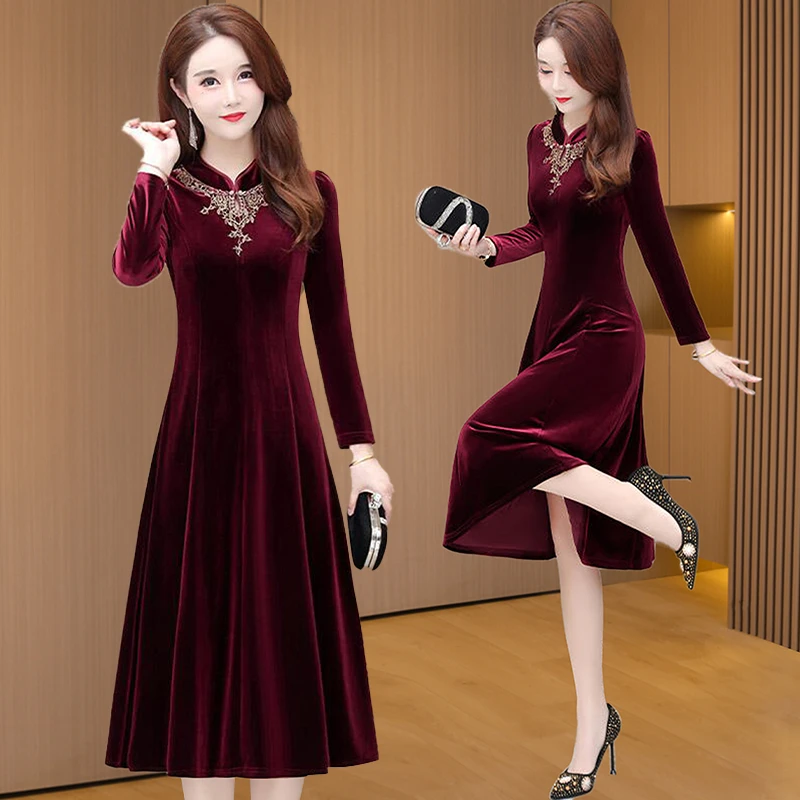 【可蓓儿】本命年红色金丝绒连衣裙2025新款秋冬喜婆婆婚宴装妈妈装