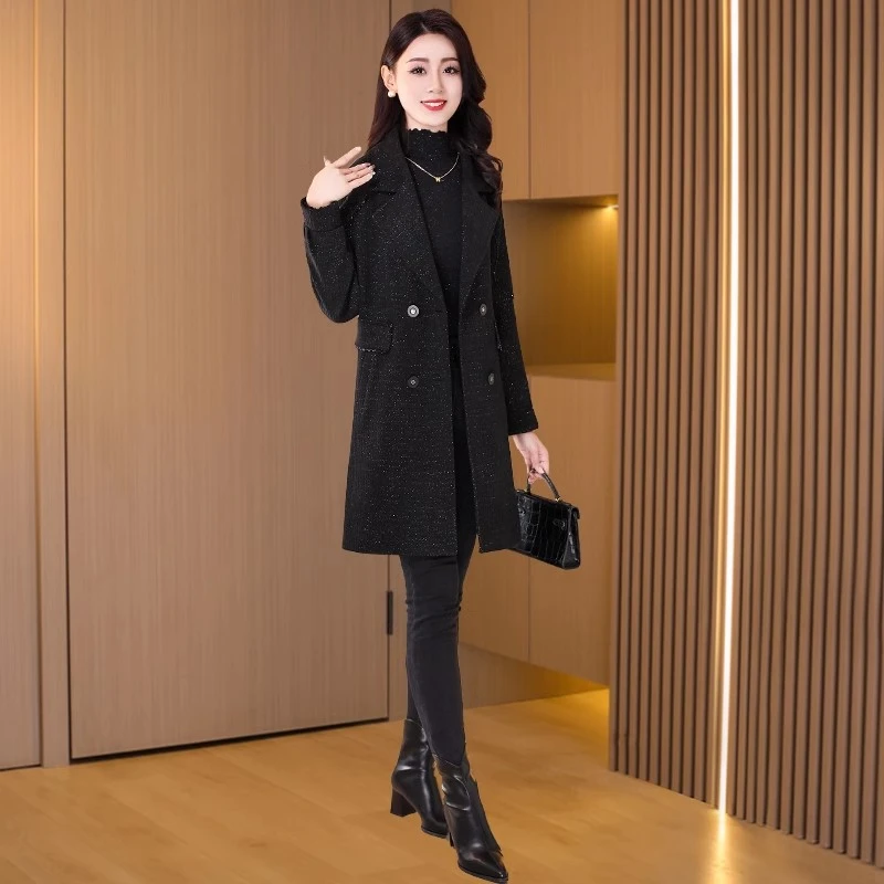【可蓓儿】黑色小香风毛呢外套女士2025新款冬季高端中长款贵妈妈装