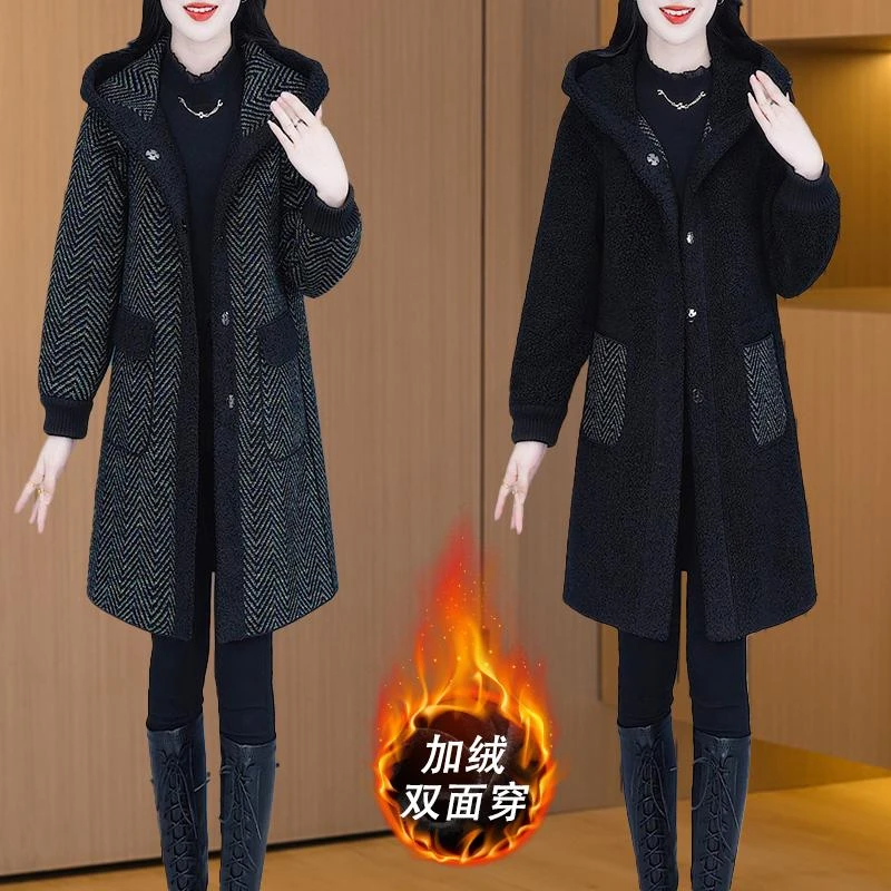 【可蓓儿】贵夫人格纹时尚连帽毛呢外套2025新秋冬贵夫人嘉兴呢大衣