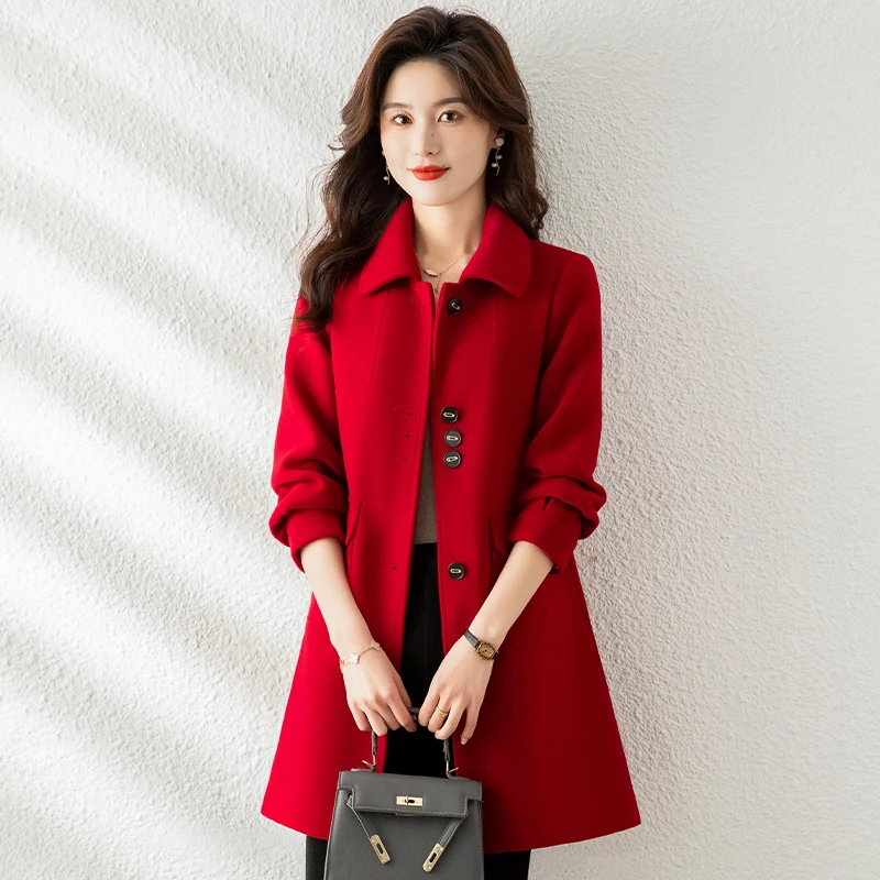 新年红小香风毛呢外套女2025新款秋冬气质高级感小个子中长款大衣