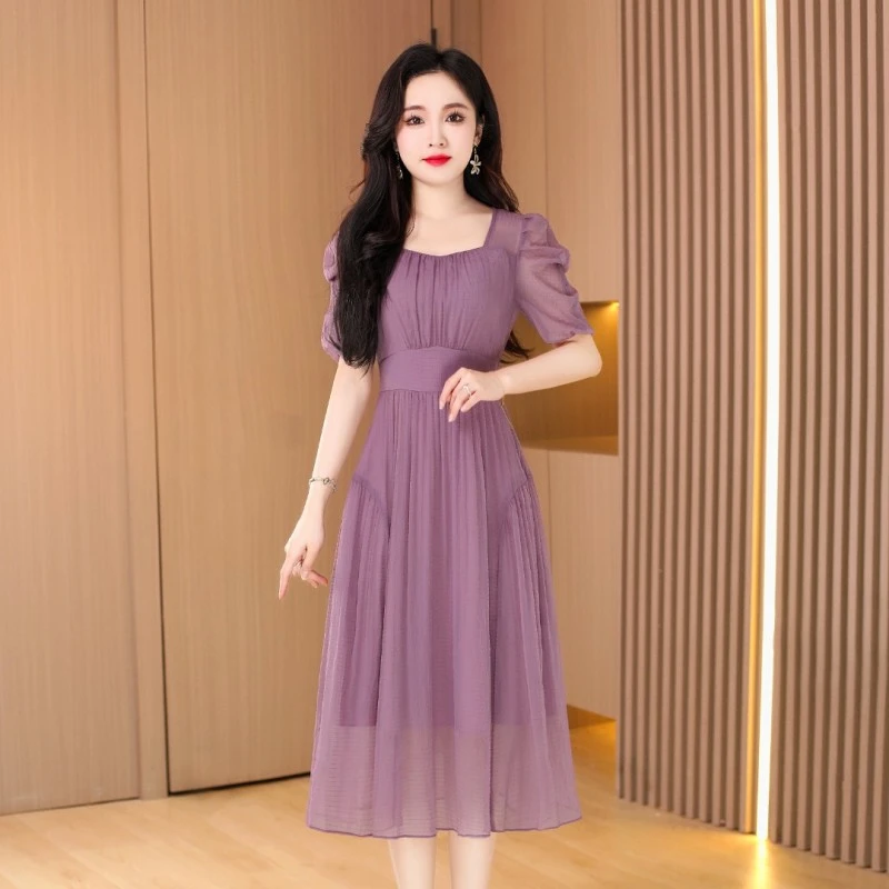 【可蓓儿】紫色雪纺连衣裙女夏2024新款高端气质高贵妇人宴会纱裙子