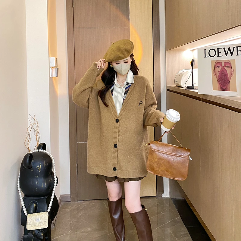 【银杏叶】春秋慵懒休闲针织衫时尚宽松孕妈中长款洋气开衫外套7813