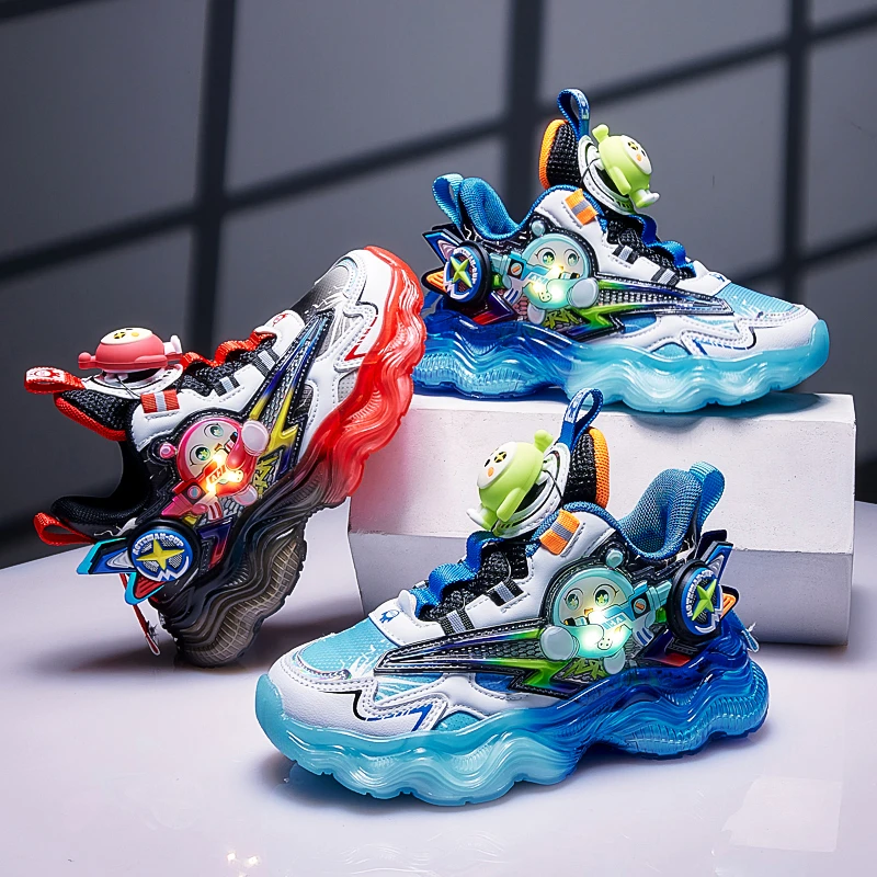 蛋仔儿童鞋秋冬鞋皮面发光亮灯会唱歌带音响男童鞋子中童运动鞋