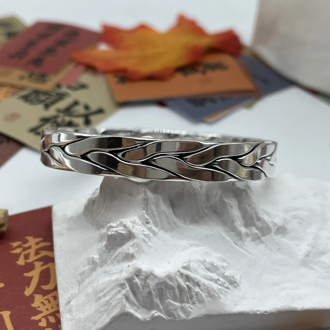 足银手镯 足银手镯 142号 足银9999 光面麻花编织开口手镯