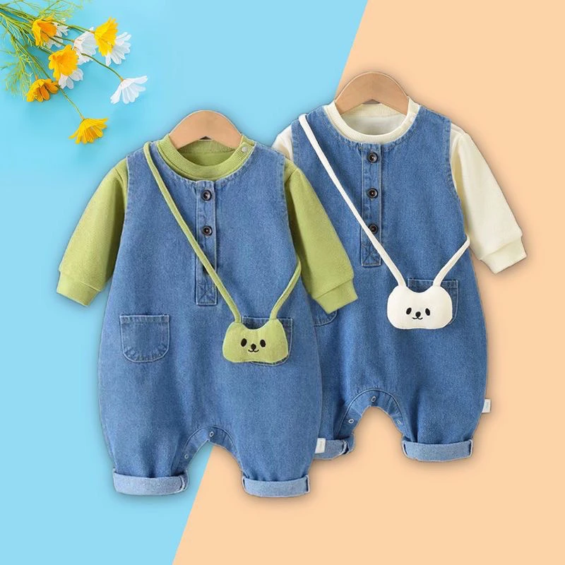 婴儿衣服宝宝牛仔背带裤套装婴儿连体衣春秋装爬服外出服新款哈衣