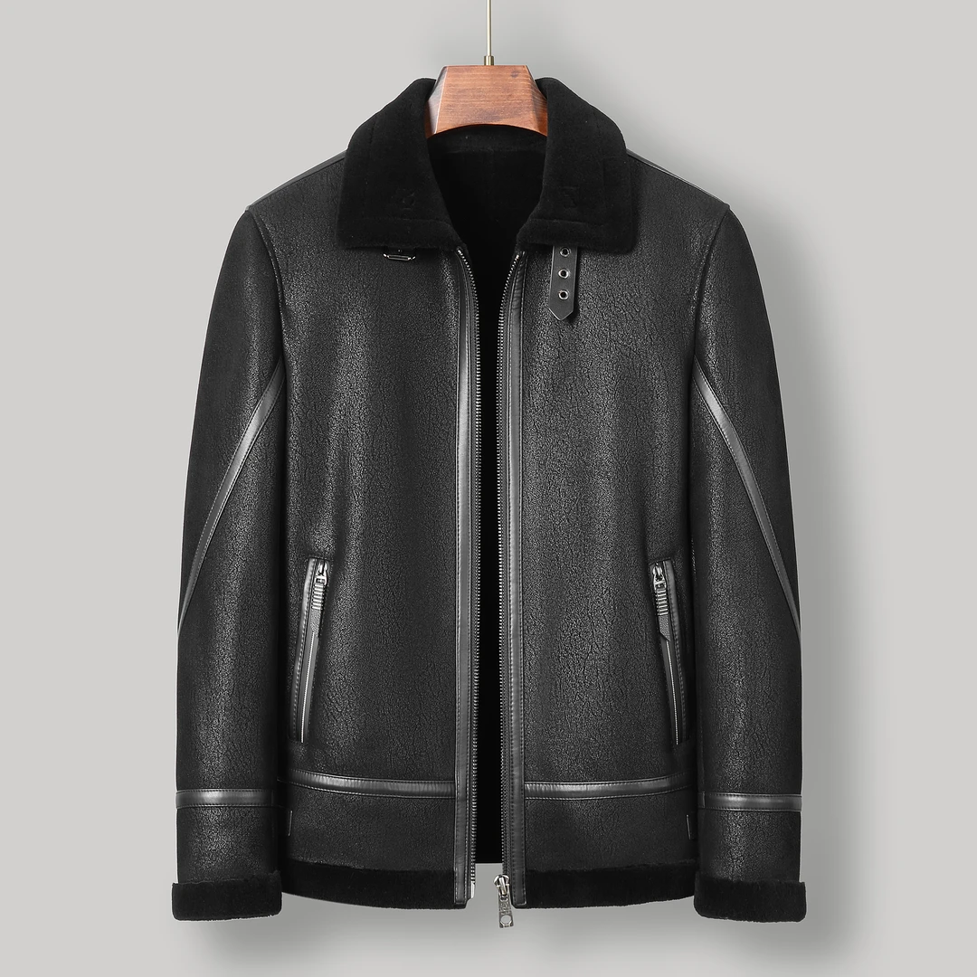 2024海宁男士真皮冬季新款皮毛一体翻领商务休闲羊皮外套