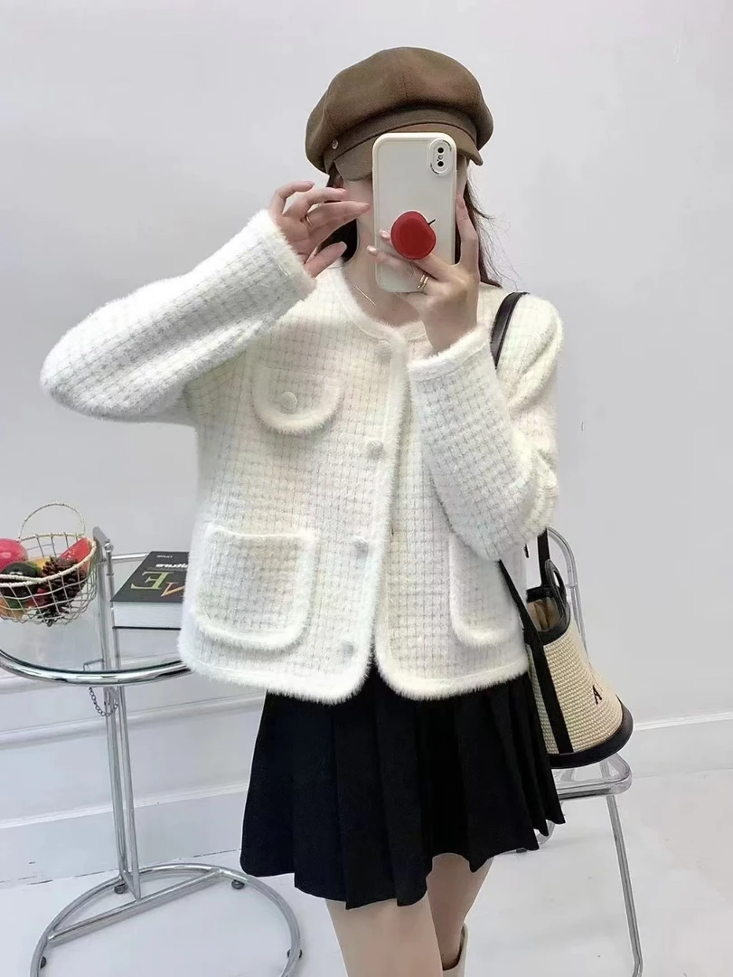 名媛风小香风开衫水貂外套短圆领法式宽松女士上衣