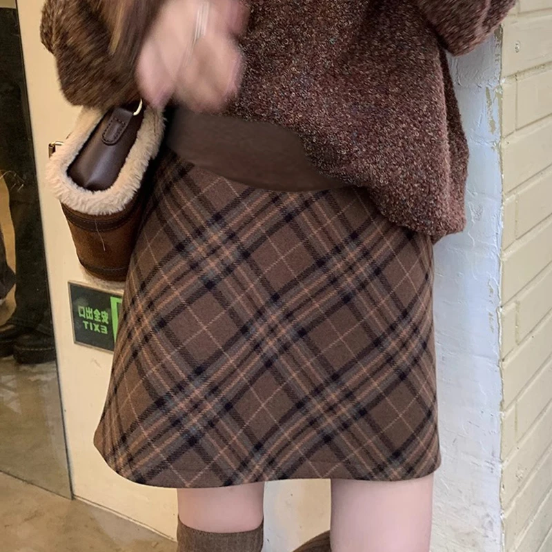 ELSA KEITH现货孕妇美式复古撞色格纹毛呢半身裙女韩版显瘦百搭a