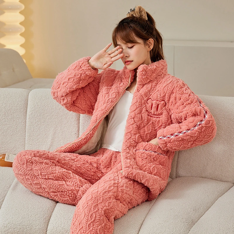 睡衣冬季北极绒加厚加绒三层加绒加厚袄套装保暖家居服毛绒冬天