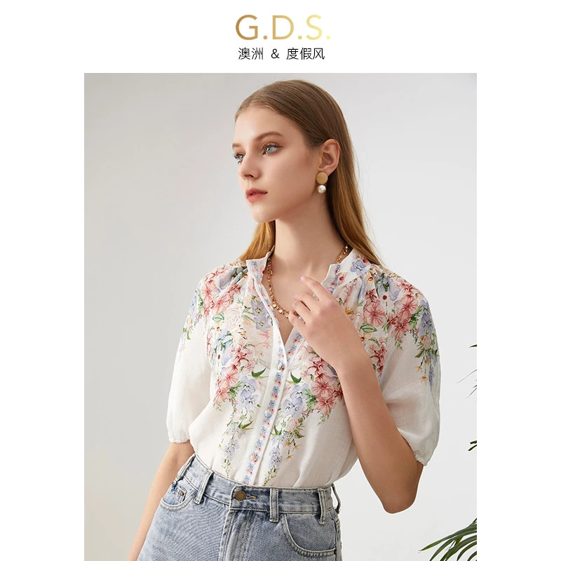 GDS·澳洲女装2024短袖衬衫法式领丝麻高端印花女新款衬衣上衣夏·