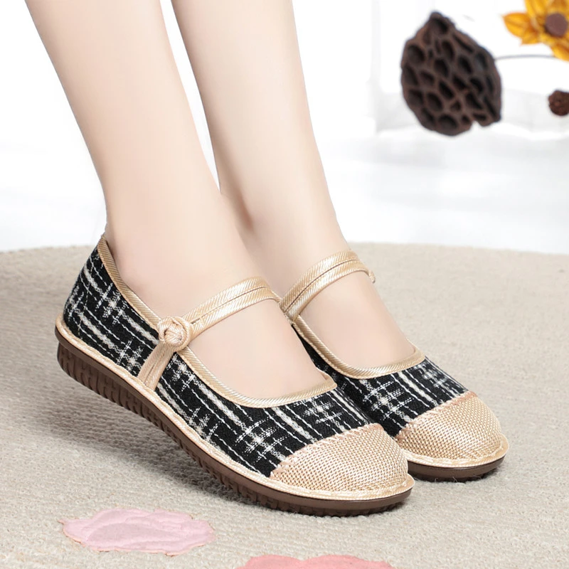 老北京布鞋千鸟格女平底春夏圆头一带复古妈妈鞋轻便透气软底布鞋
