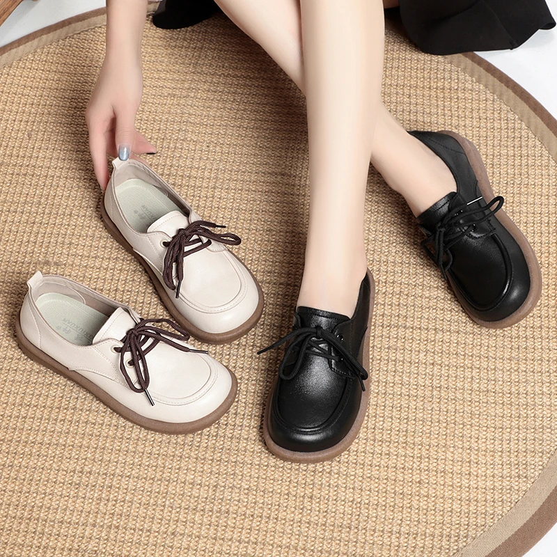 软底软面不累脚英伦小皮鞋女系带软皮休闲复古软皮平底鞋女单鞋潮