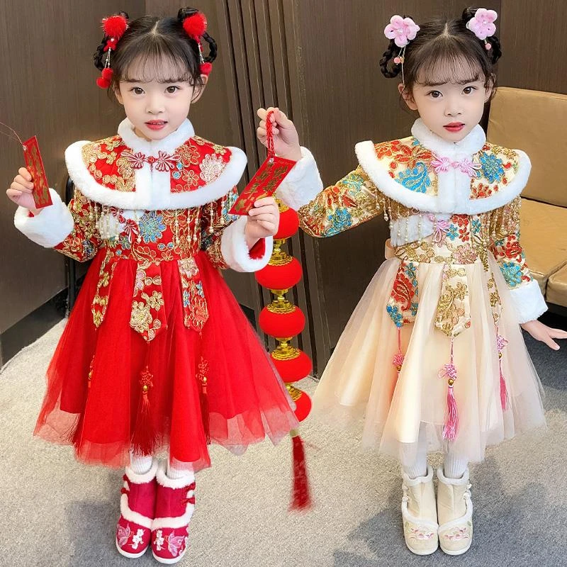 FAVMARTHA女童汉服连衣裙冬款加绒加厚公主裙儿童中国风唐装旗袍