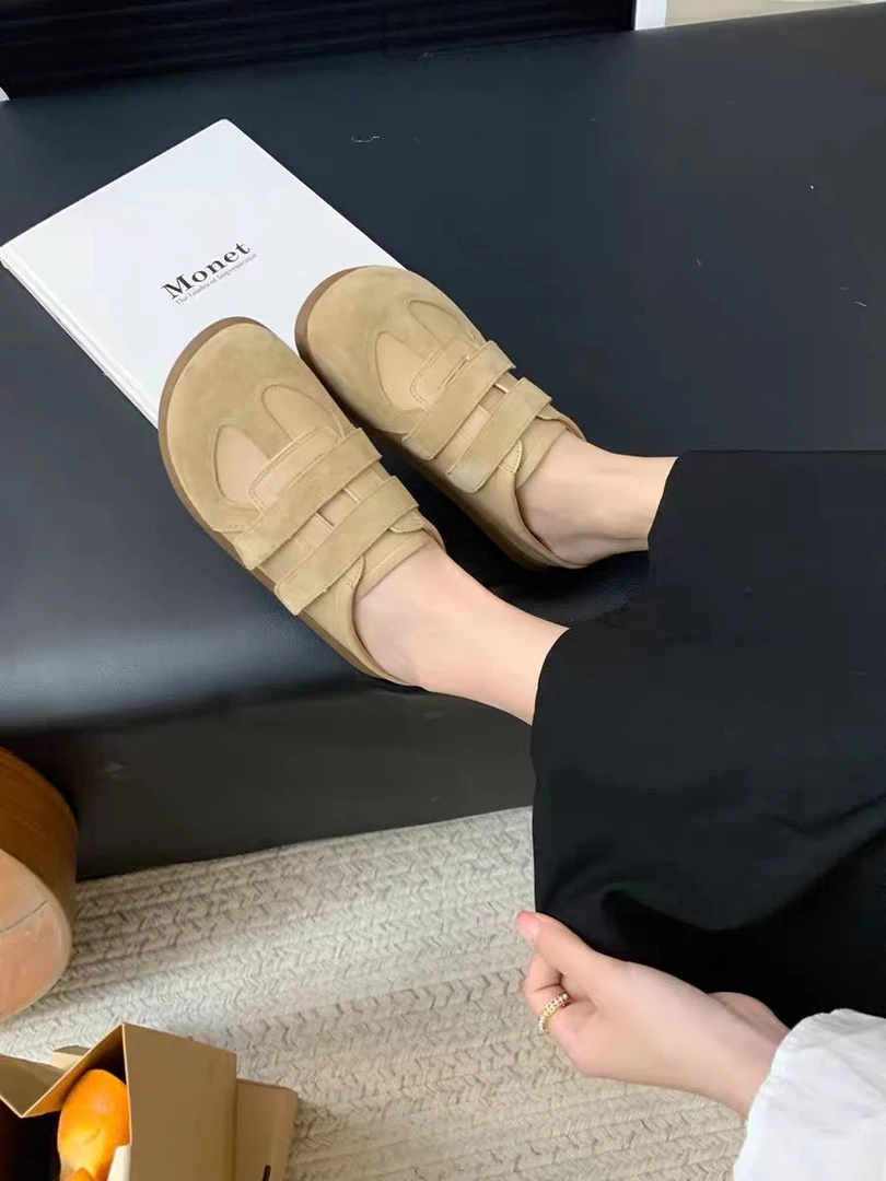 魔术贴软底勃肯鞋女2024年休闲百搭平底真皮一脚蹬包头半拖鞋时尚