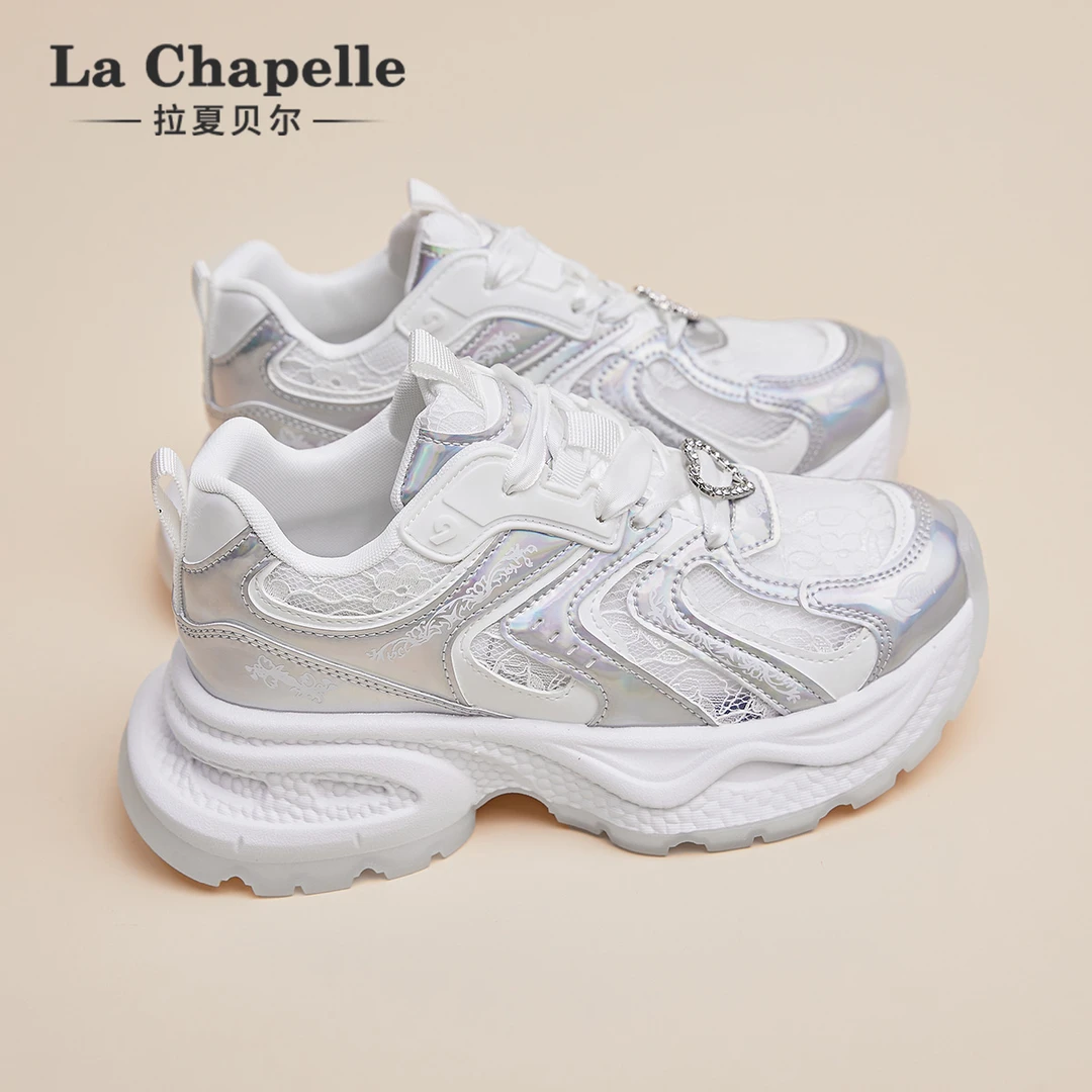 拉夏贝尔老爹鞋女2025夏季蕾丝网面透气舒适厚底休闲鞋