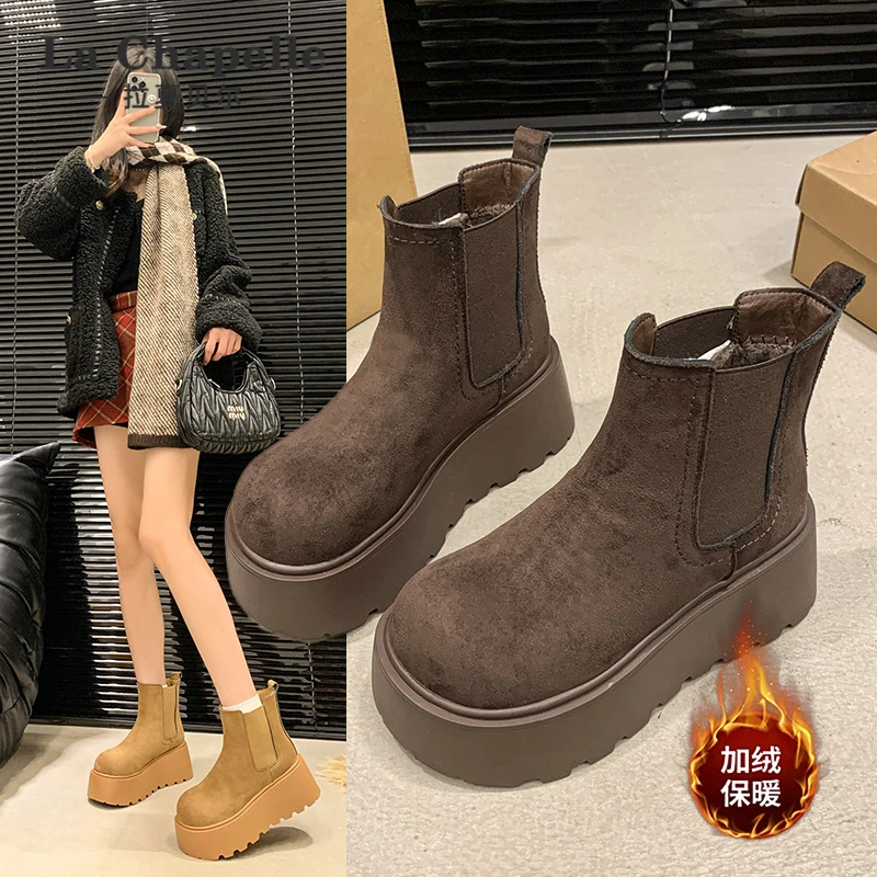 拉夏贝尔雪地靴女2025年冬季新款加绒加厚保暖时尚增高百搭马丁靴