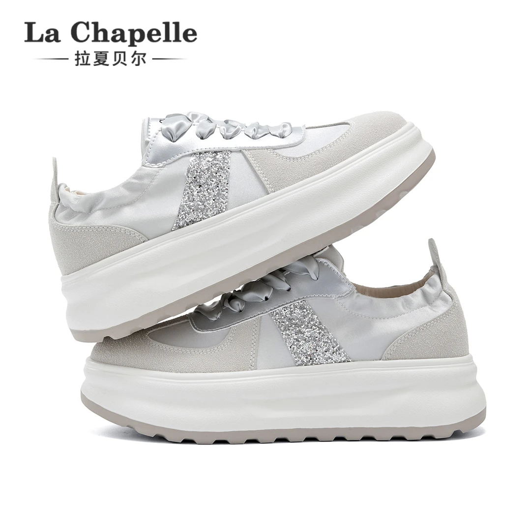 拉夏贝尔小白鞋女2025夏季厚底增高缎面透气百搭德训鞋