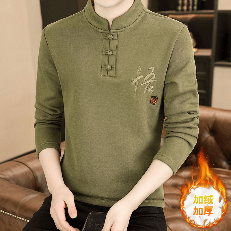 中国风长袖恤男士秋冬季新款加绒加厚刺绣唐装打底衫上衣服爆款