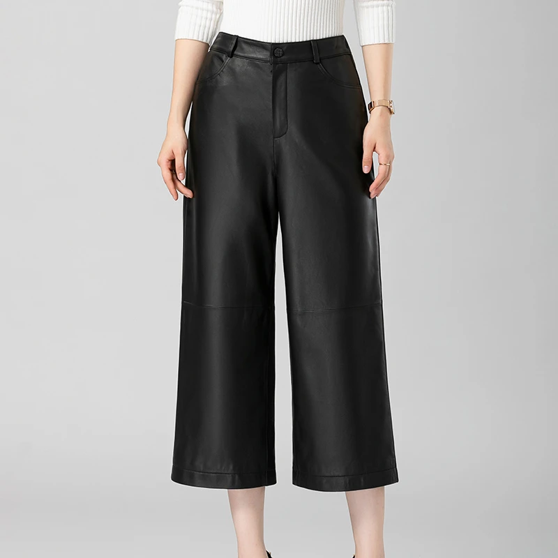 申棠6169真皮皮裤女绵羊皮秋冬新款真皮长裤休闲裤显瘦宽松阔腿裤