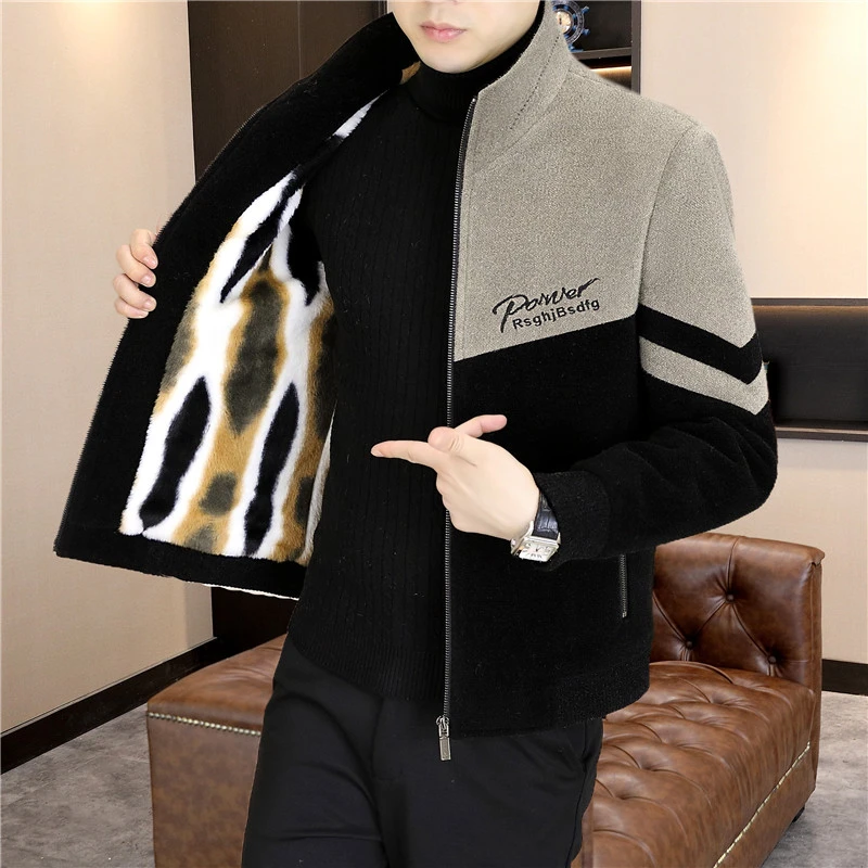 高品质轻奢男装呢子外套秋冬加绒加厚毛呢夹克潮流立领拼接上衣男