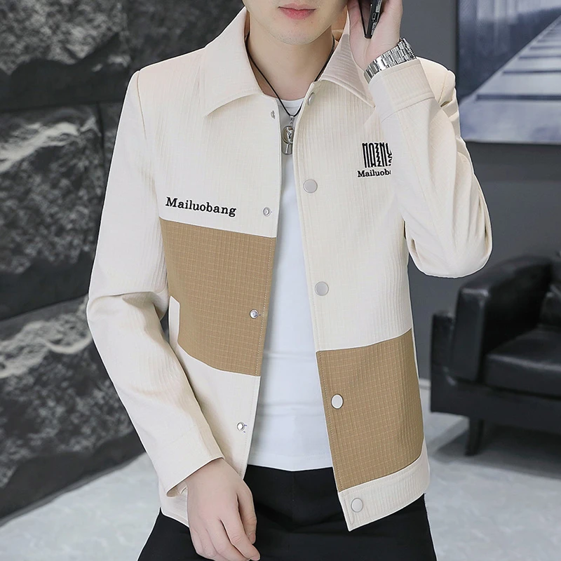 2025春季新款潮流百搭男休闲拼接外套男士时尚帅气翻领韩版潮上衣