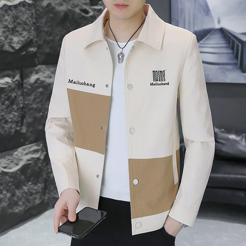春秋季新款男士潮流百搭外套韩版休闲拼接夹克时尚帅气翻领男上衣