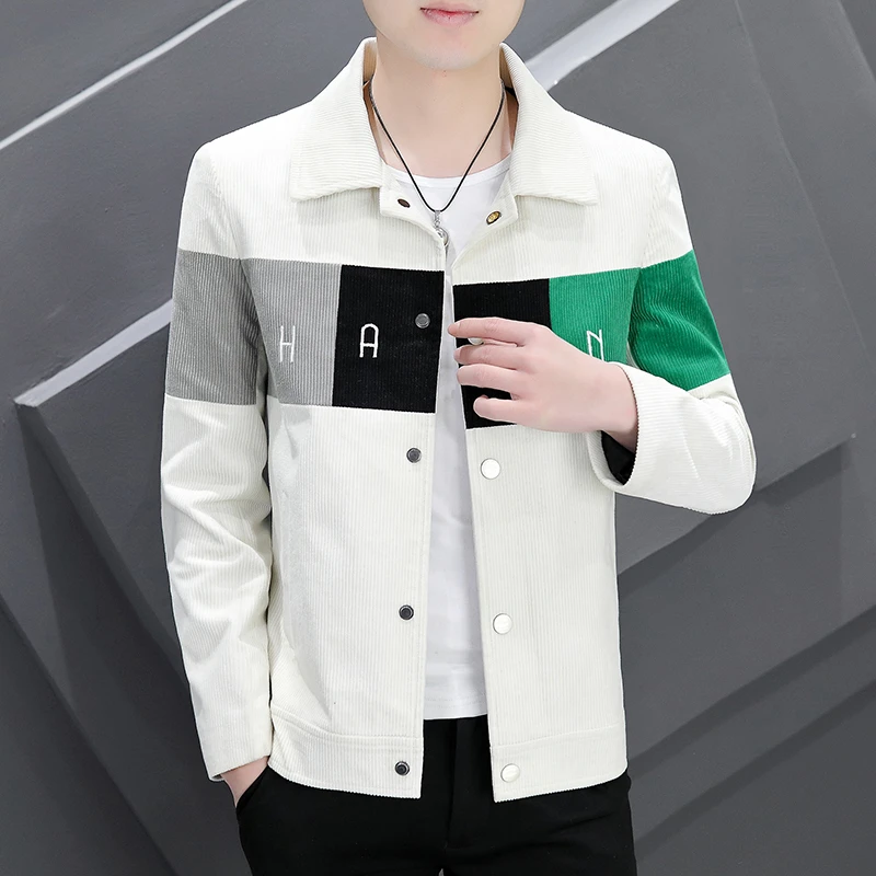 春秋2024男士新款韩版潮流修身时尚帅气潮牌拼色夹克灯芯绒男外套