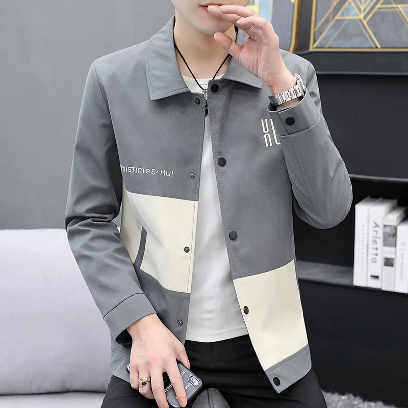 2023春秋男士新款休闲拼色翻领夹克男装潮流韩版时尚百搭帅气外套