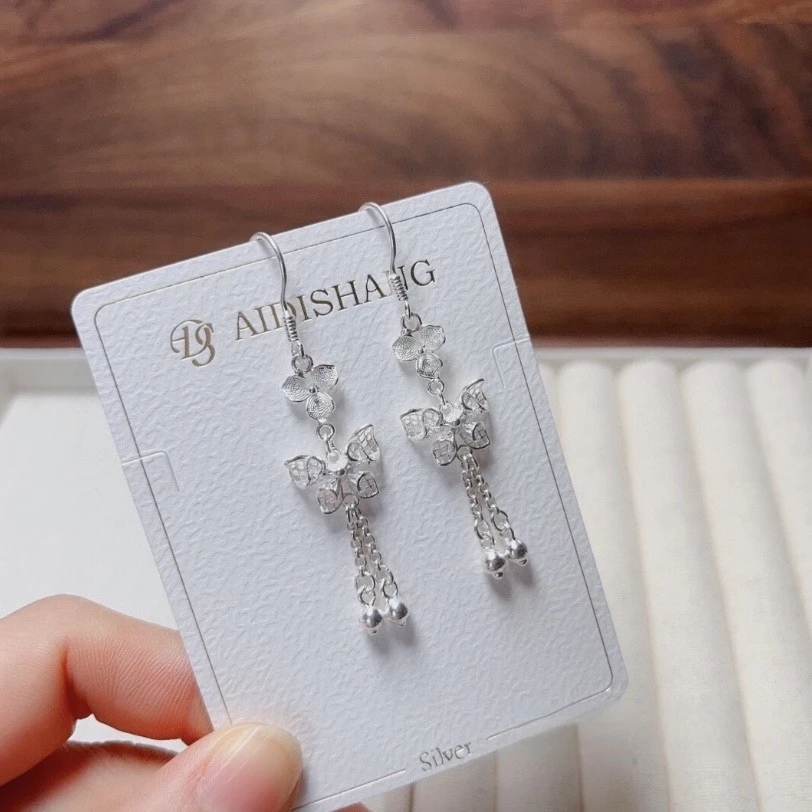 足银银制品 耳坠非遗花丝手工蝴蝶结流苏手工拉丝耳环耳坠长款女