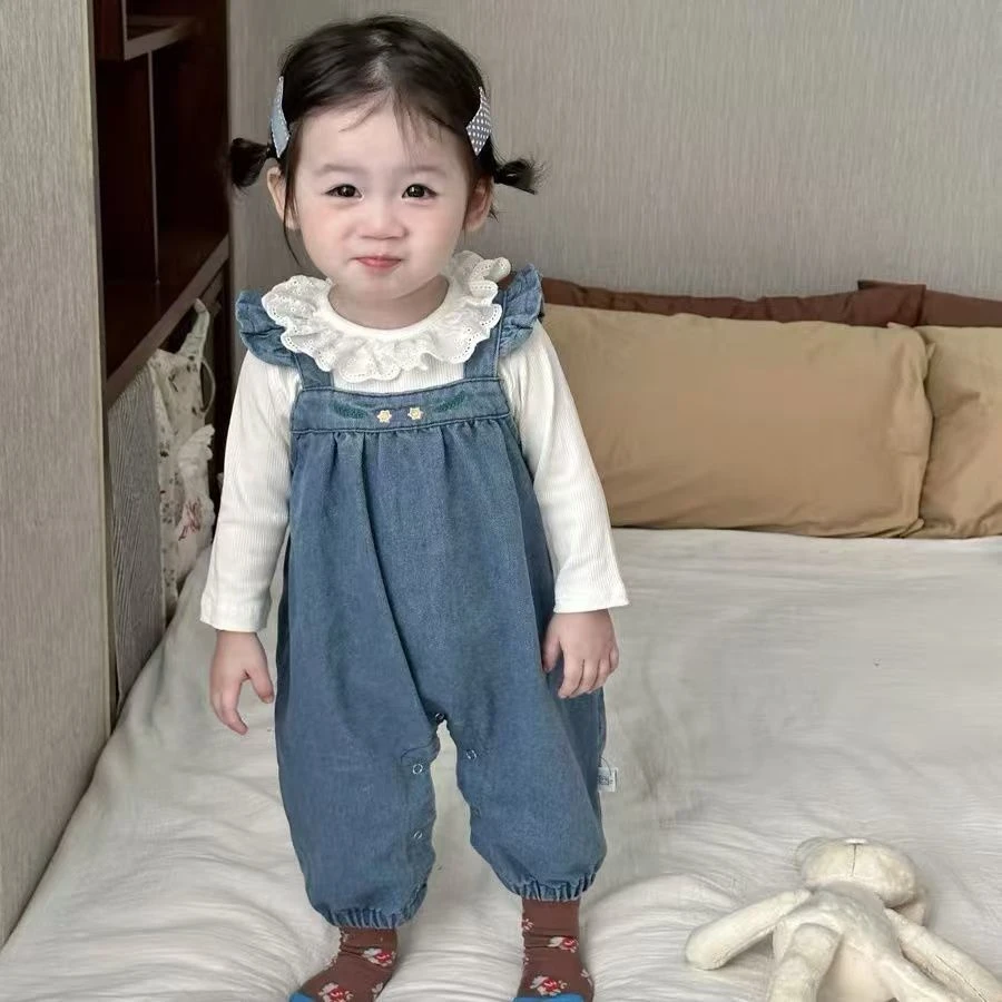 女童背带连体裤套装婴儿女宝宝牛仔连体衣打底衫洋气秋装两件套