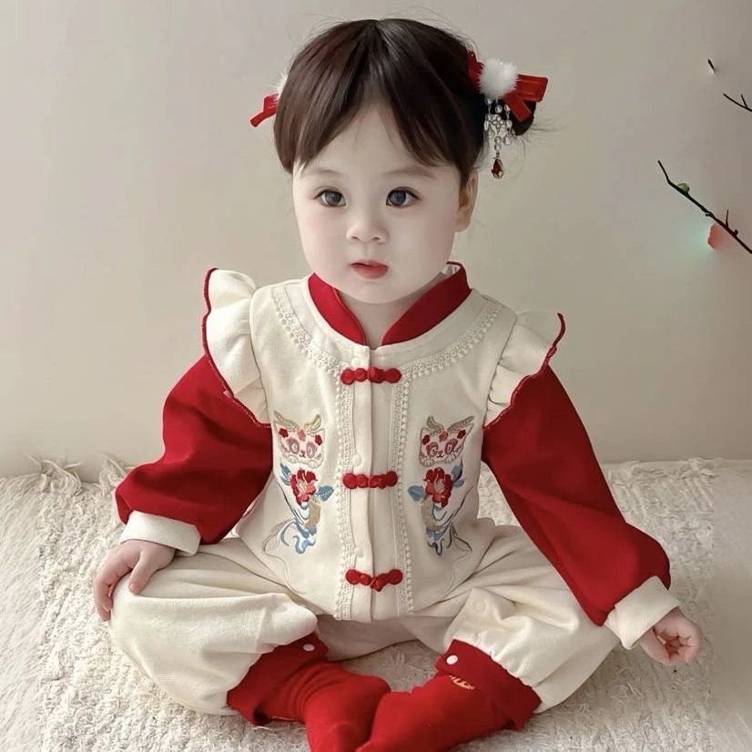 婴儿衣服春装连体衣女宝宝中国风百天周岁哈衣唐装爬服抓周礼服