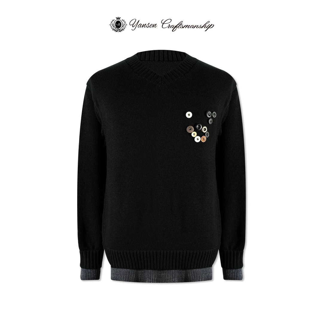 【莱赛尔绵羊毛】24/FW假两件拼接纯手工缝制纽扣简约小V领套头毛衣