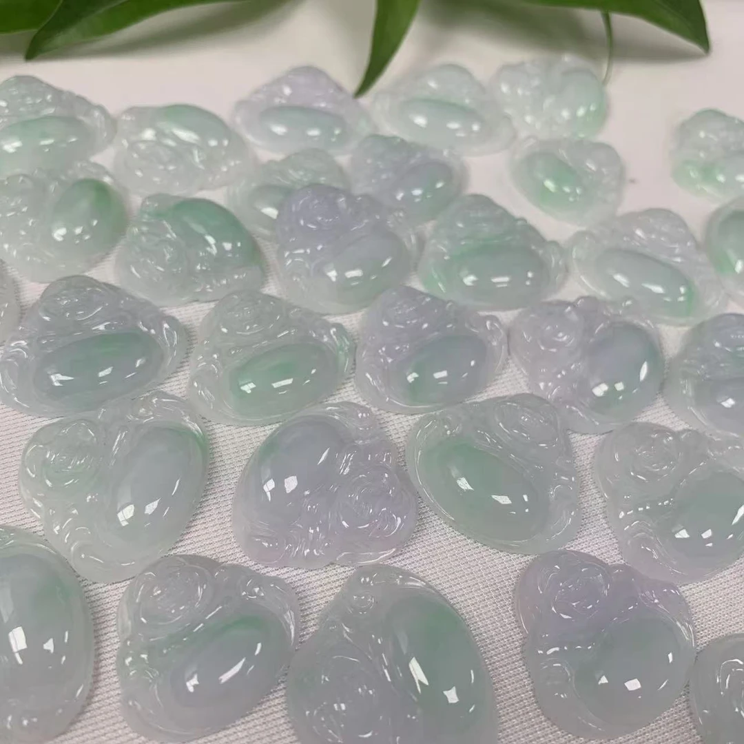 缅甸天然A货翡翠飘色白底青大肚佛时尚精致佛公吊坠-多样性发其一