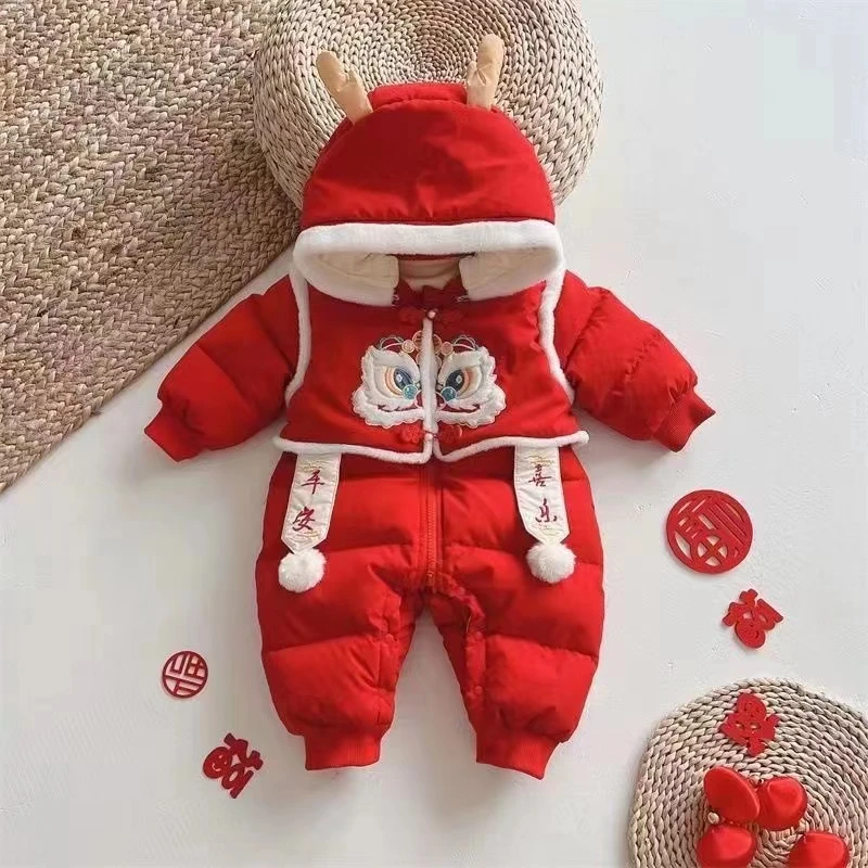 2023红色保暖加绒男女童抓周礼服儿童服百天冬款服喜庆中国风哈衣