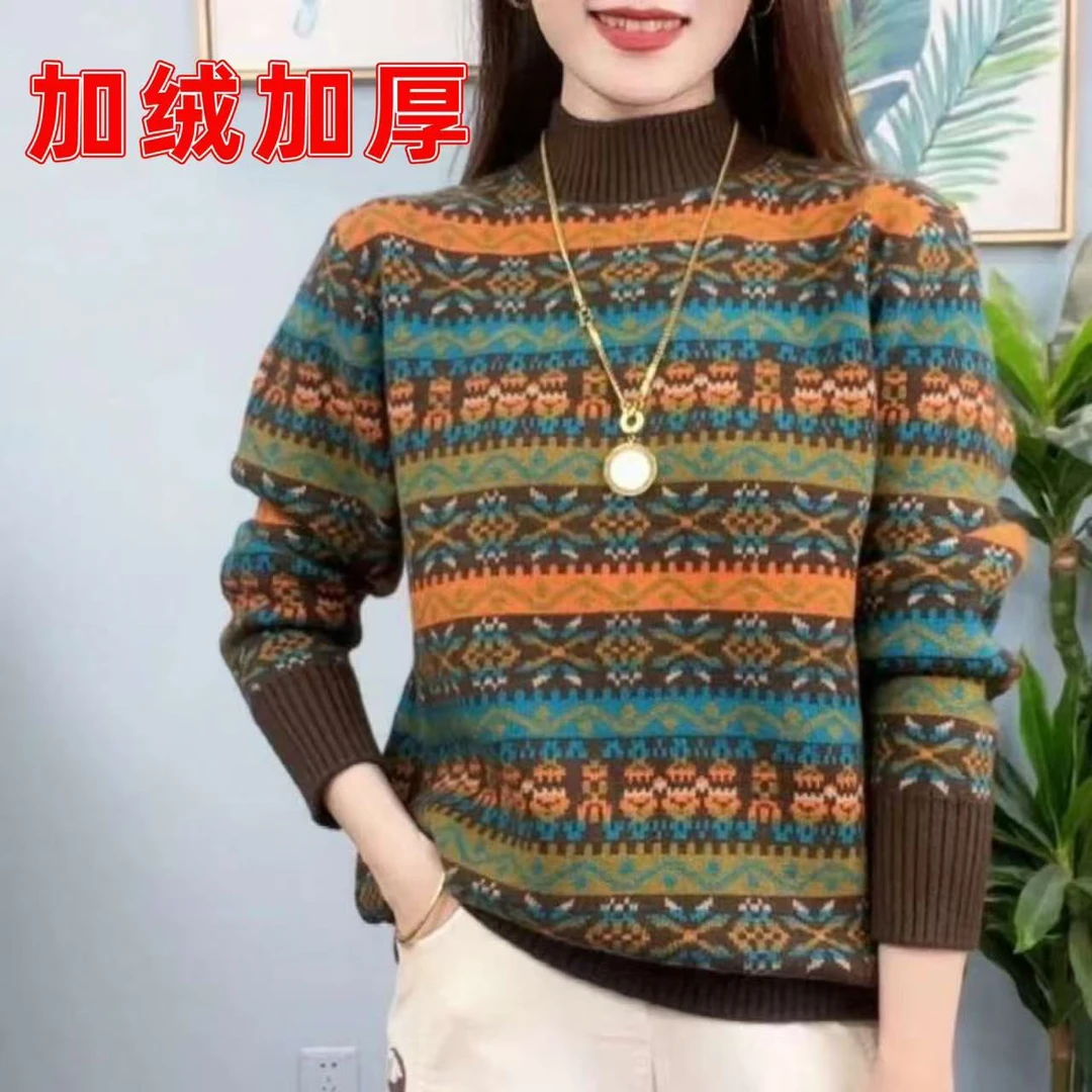 秋冬加厚毛衣女装新款妈妈装宽松显瘦半高领保暖衣时尚打底衫毛衣