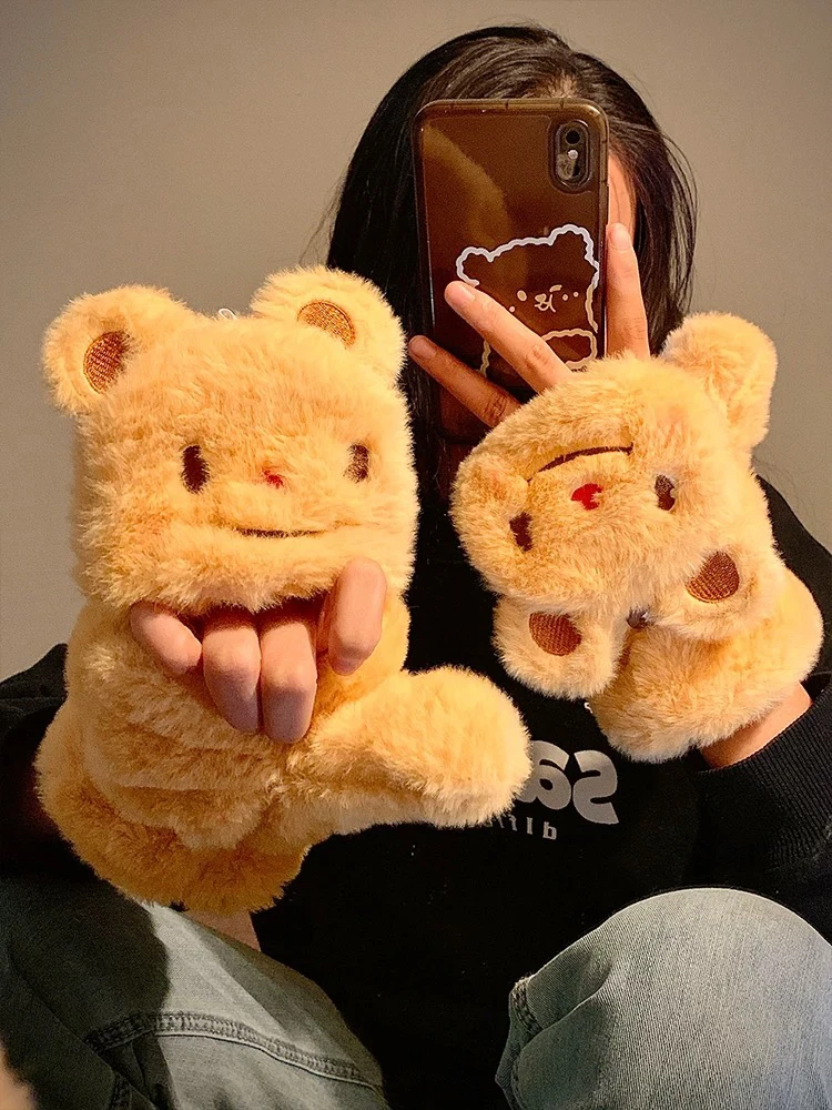可爱小熊半指翻盖毛绒手套女秋冬季保暖加绒加厚可爱学生写字防寒