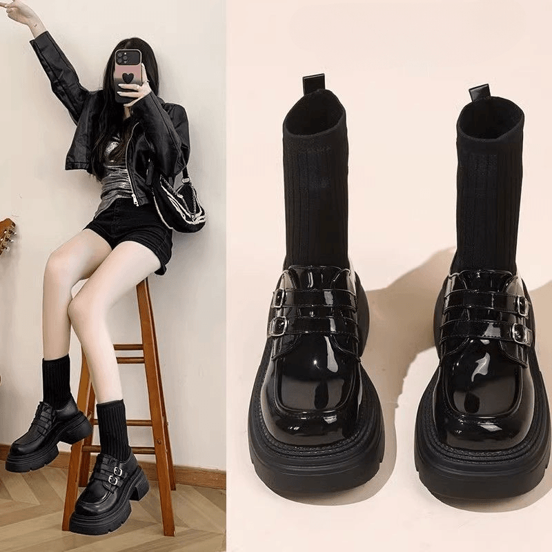 厚底马丁靴女英伦风连袜靴小皮鞋2023春秋新款针织弹力瘦