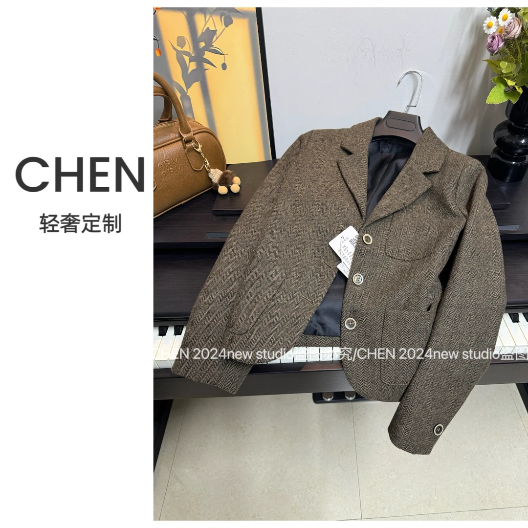 【CCHEN】88136咖啡色西装外套设计感小众炸街气质休闲小西服复古