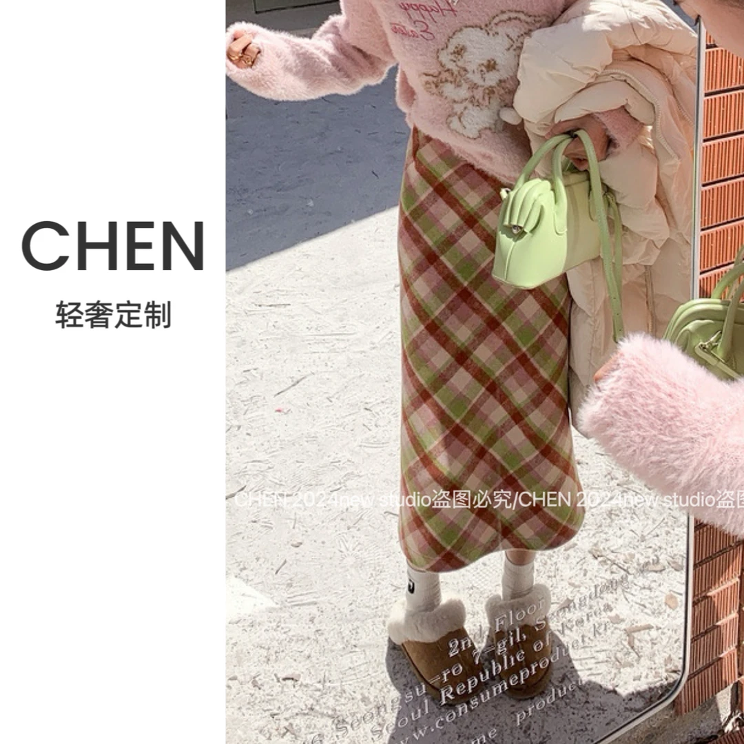 【CHEN】88234秋冬新款设计感格子半身裙高腰显瘦复古格纹百搭裙