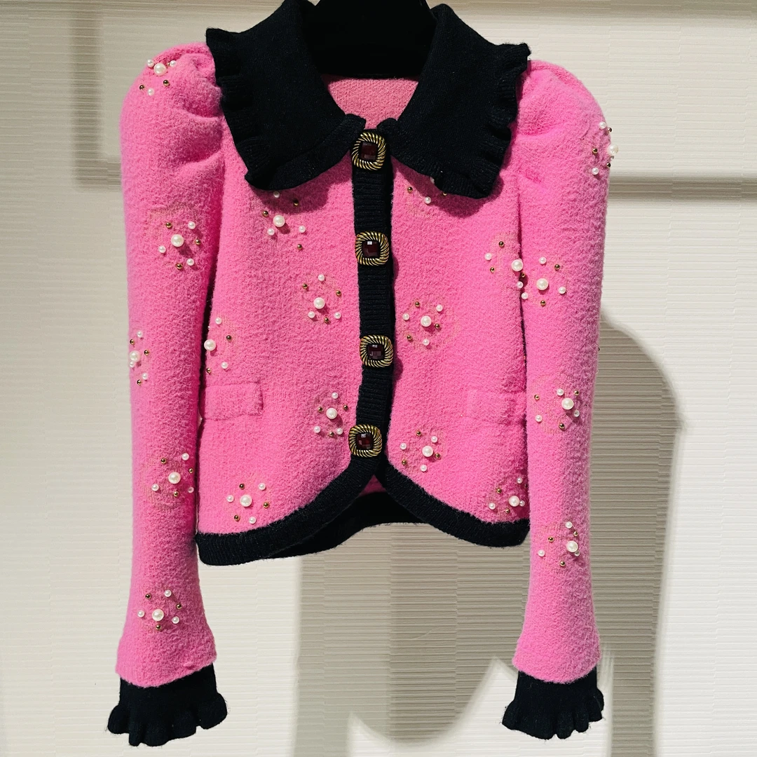 <猪猪出品>秋冬上新针粉色织外套小香风气质轻奢时尚百搭女士重工