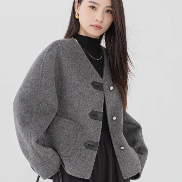 浅秀：【100高支澳羊毛】短款休闲气质百搭双面呢大衣毛呢外套2442